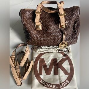 Michael Kors Brown Woven Leather Grayson Boston Bag